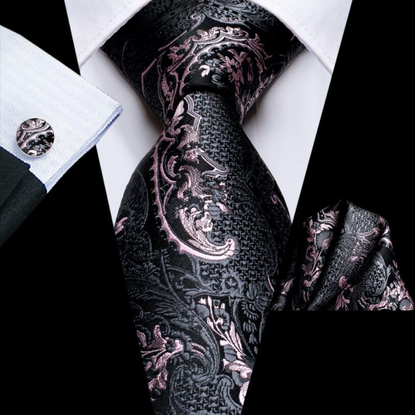 Conjunto de corbata, gemelos y pañuelo en color negro y tonos rosados - Imagen 2